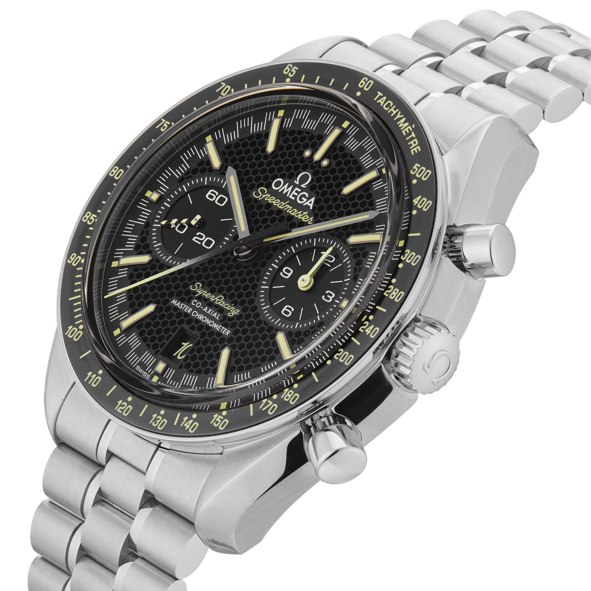 The OMEGA Speedmaster Super Racing is a stainless steel luxury wristwatch featuring a black honeycomb-patterned dial with yellow accents, three subdials, a tachymeter bezel, and a metal link bracelet.