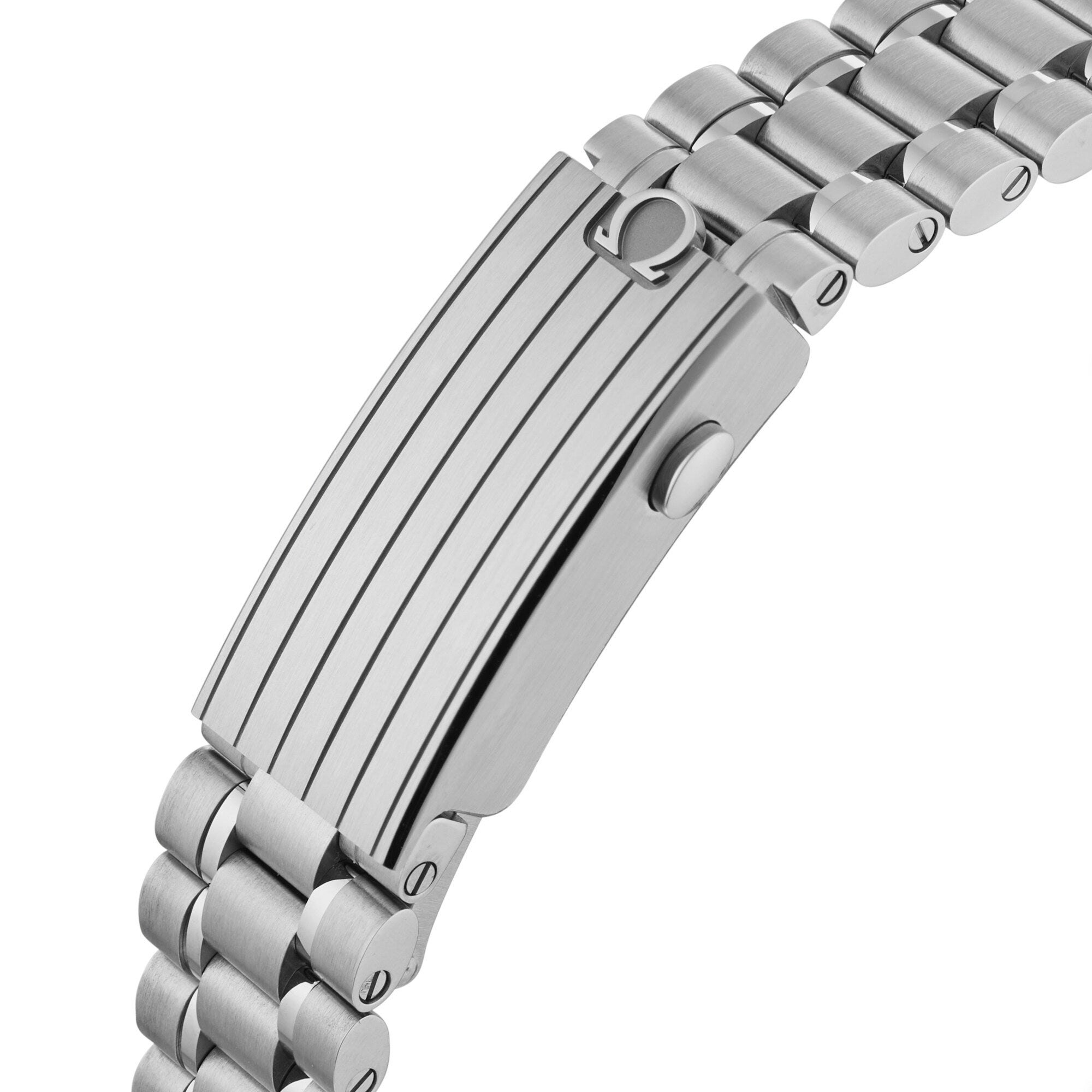 Close-up of a stainless steel clasp with an engraved OMEGA logo and parallel grooves, attached to the metal link bracelet of the OMEGA Speedmaster Super Racing—a striking luxury watch detail.