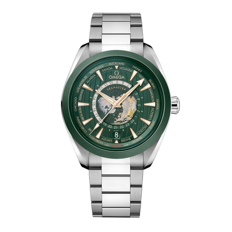 An OMEGA Seamaster Aqua Terra 150M wristwatch featuring a stainless steel case, green bezel, world map dial with city names around the edge, and a silver metal bracelet.