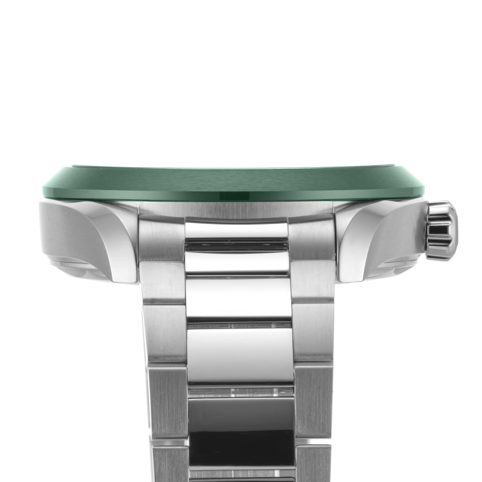 Side view of the OMEGA Seamaster Aqua Terra 150M wristwatch featuring a stainless steel case, green bezel, and metal bracelet, highlighting the crown and case details.