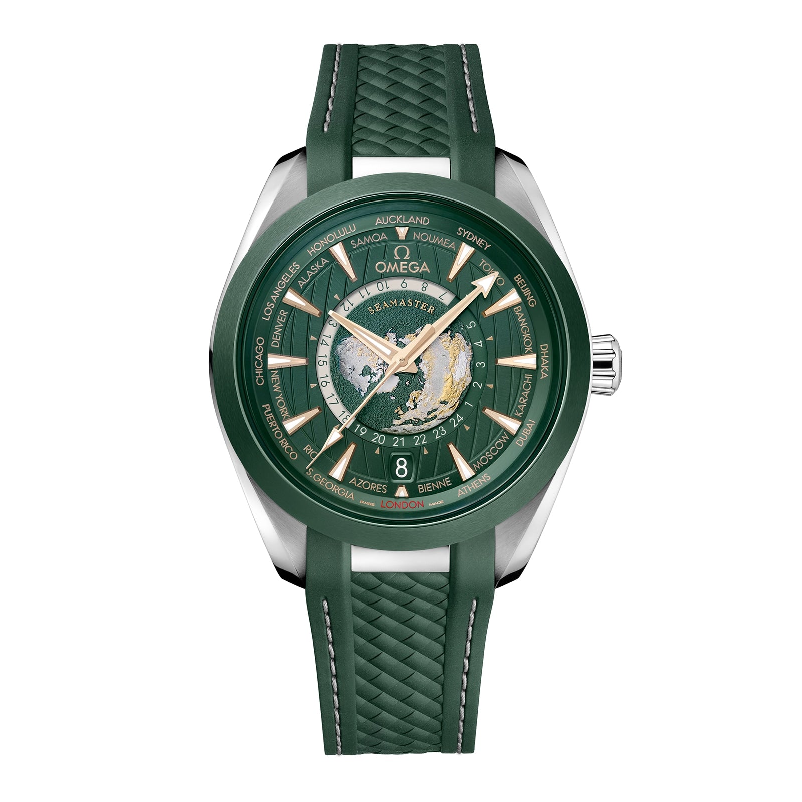 The OMEGA Seamaster Aqua Terra 150M features a green dial with a world map, city names on the bezel, and a green silicone strap.