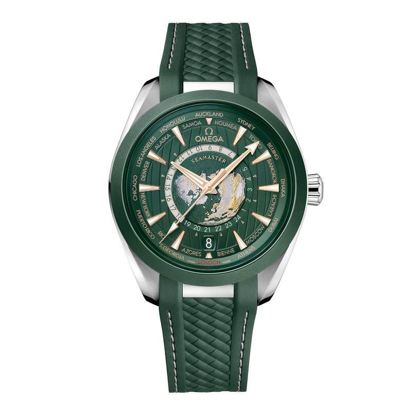 The OMEGA Seamaster Aqua Terra 150M features a green dial with a world map, city names on the bezel, and a green silicone strap.