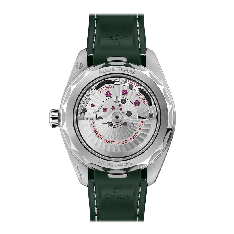 The back view of the OMEGA Seamaster Aqua Terra 150M showcases its detailed exposed mechanical movement and a green leather strap, reflecting the refined craftsmanship characteristic of the Worldtimer collection.