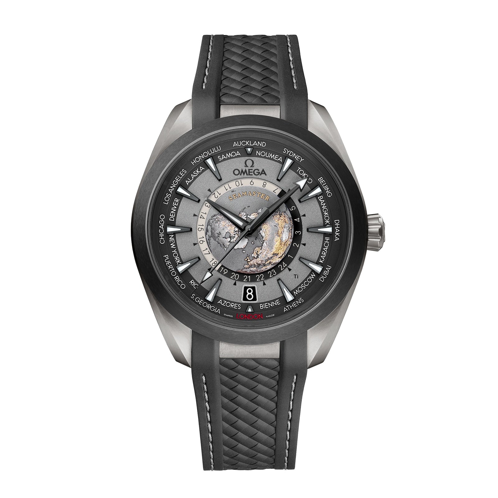 The OMEGA Seamaster Aqua Terra 150M features a titanium case, black rubber strap, gray and black bezel, world map dial with city names around the edge, and the OMEGA logo beneath 12 o’clock.