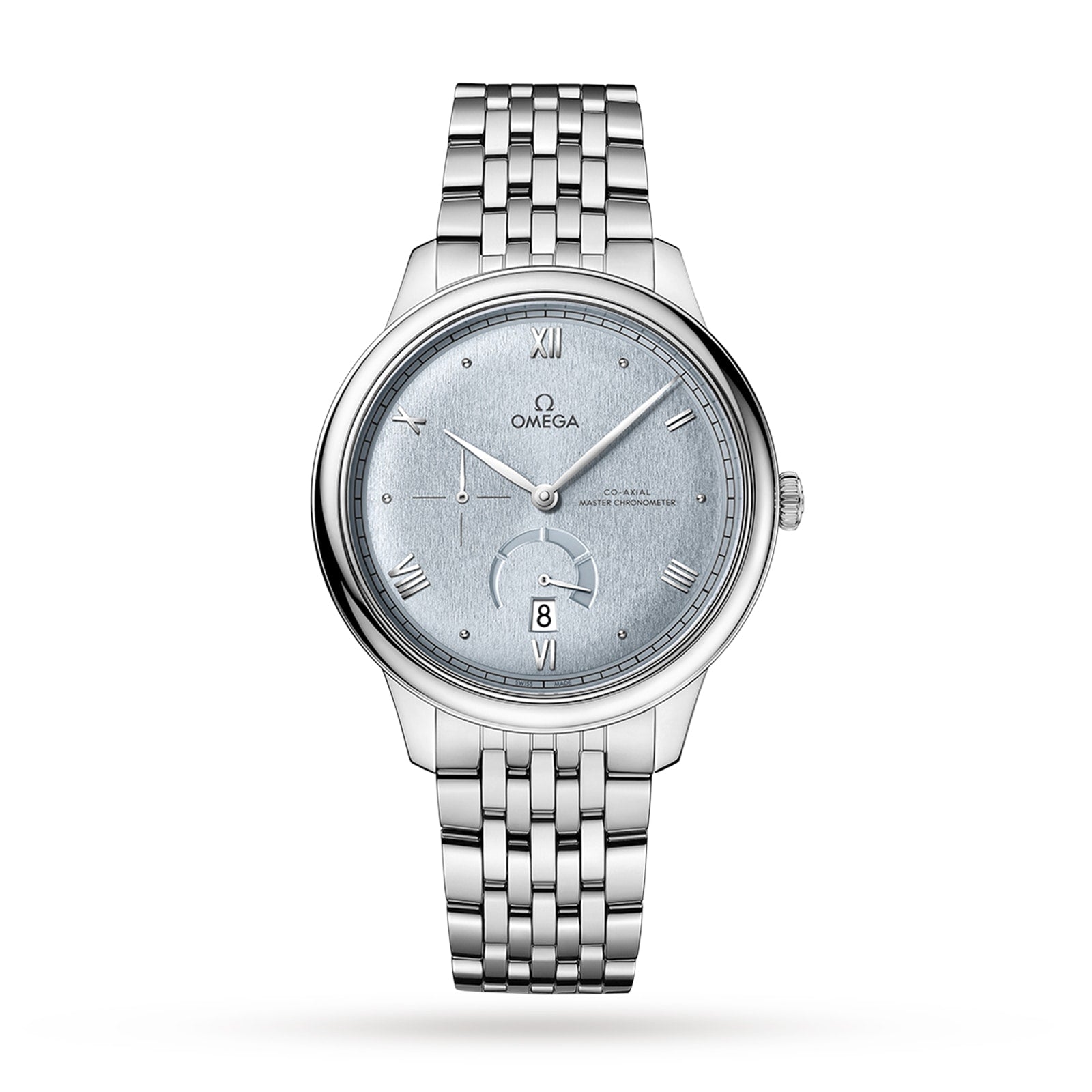 The OMEGA De Ville Prestige features a silver case, metal link band, light blue dial with Roman numerals, small seconds subdial, date at 6 o’clock, two hands, and the Master Co-Axial Calibre 8810 movement for classic elegance.