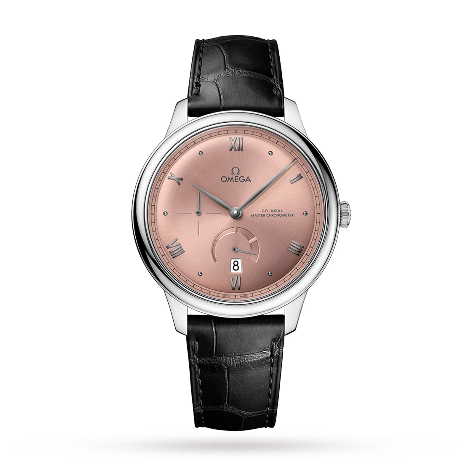 The OMEGA De Ville Prestige features a round pink dial with Roman numerals, date window at 6 o’clock, subdial above it, and a black leather strap—embodying classical design and refined elegance.