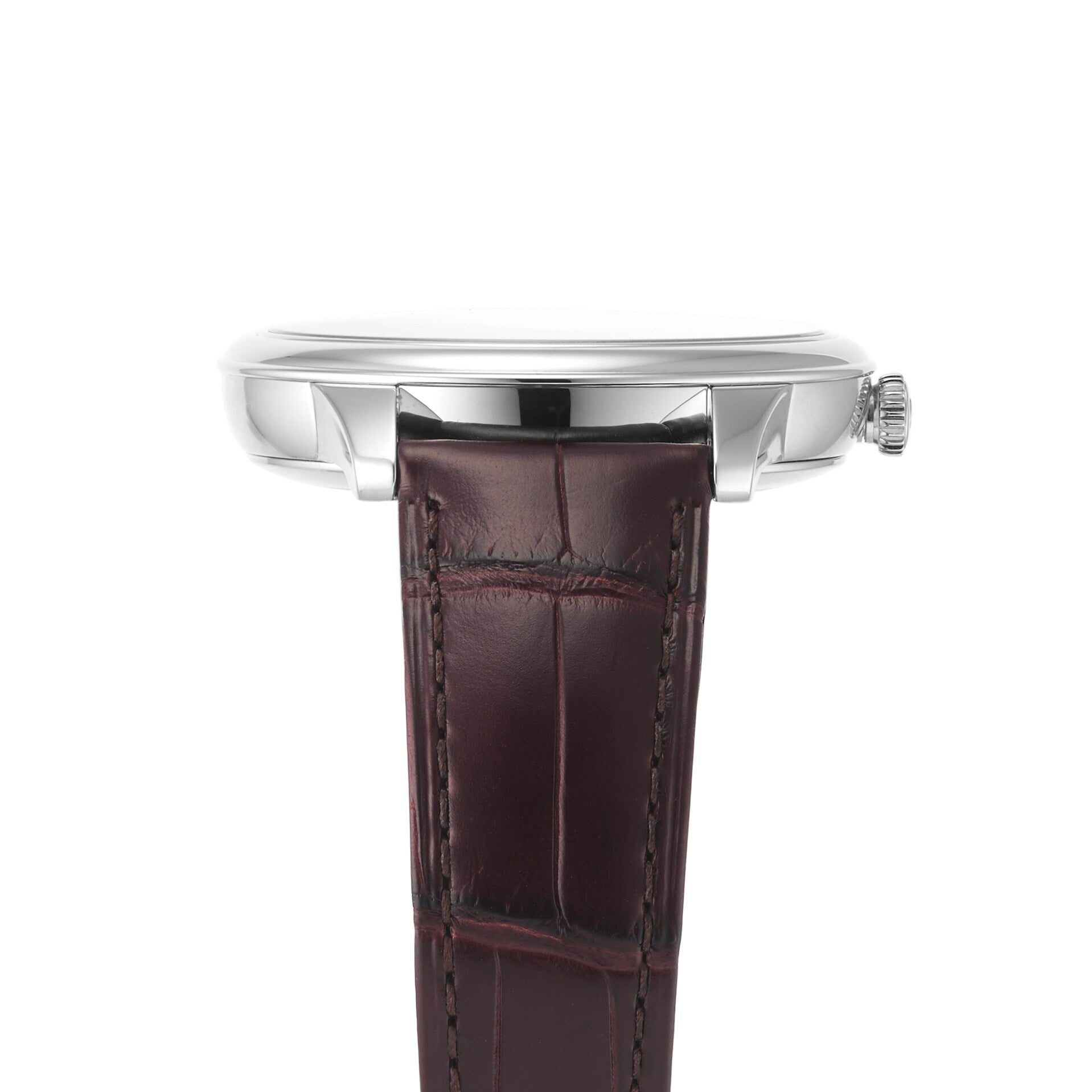 Side view of the OMEGA De Ville Prestige, featuring a classical design with a stainless steel case and brown leather strap, set against a white background. Powered by the OMEGA Master Co-Axial Calibre 8802.