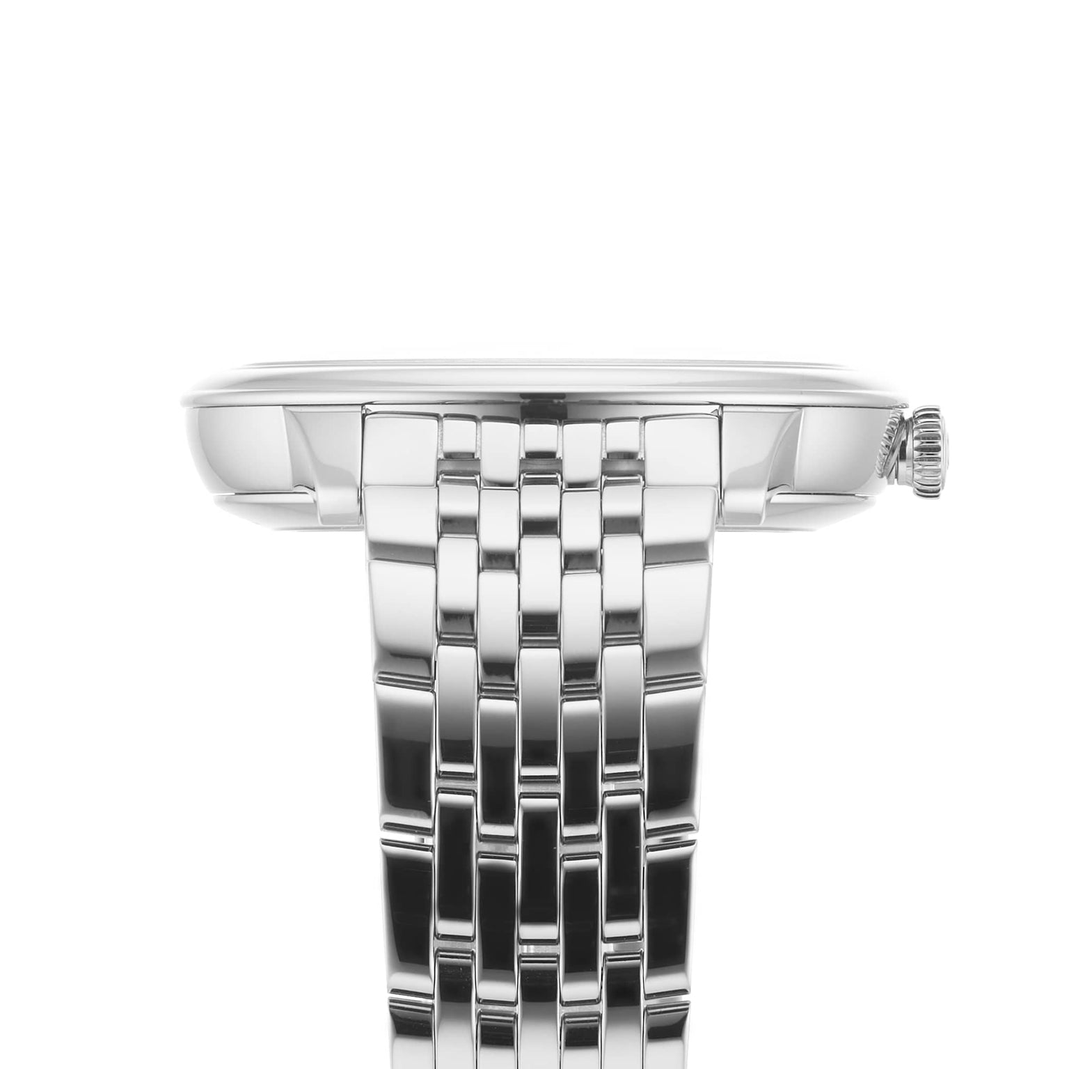 Side view of the OMEGA De Ville Prestige wristwatch, featuring a silver metal link bracelet and round case, showcasing its crown and slim profile that reflect refined elegance.