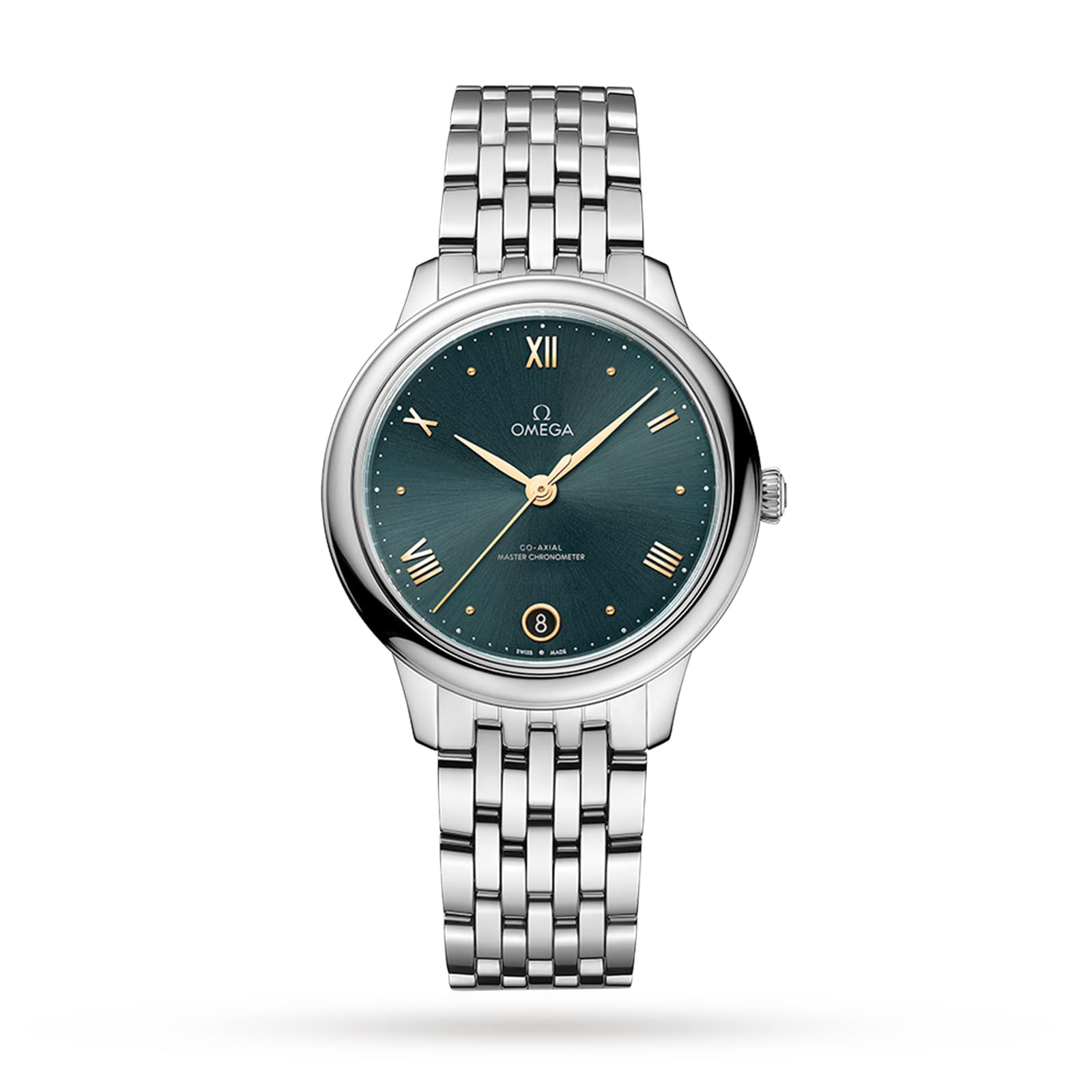The OMEGA De Ville Prestige wristwatch features a silver case, green dial with Roman numerals and date at 6 o’clock, Master Co-Axial Calibre 8800 movement, and a silver metal link bracelet against a white background.