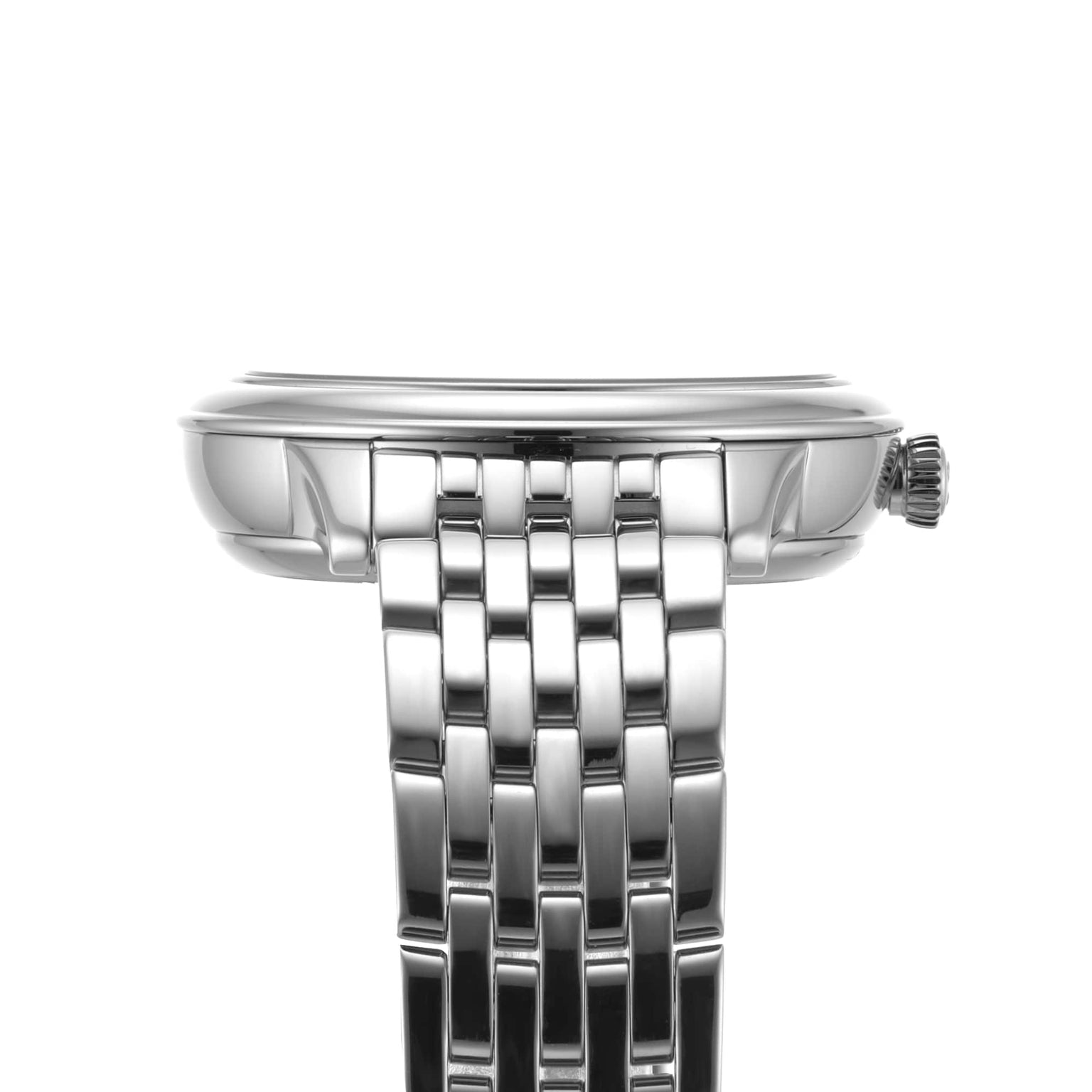 Close-up side view of the OMEGA De Ville Prestige wristwatch with a metal link band, showcasing its case, crown, and part of the bracelet. The image highlights the OMEGA Master Co-Axial Calibre 8800 against a white background.