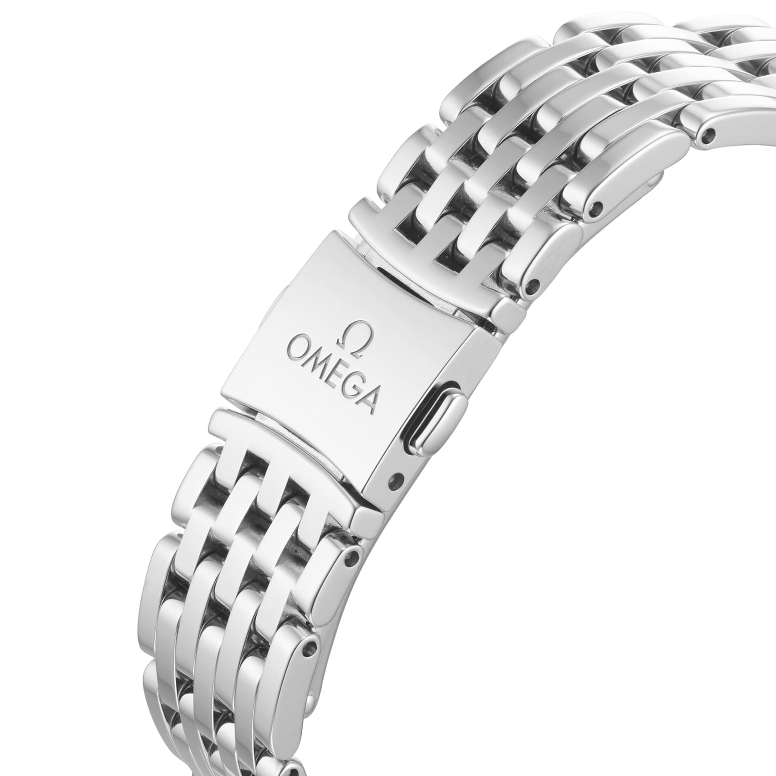 Close-up of an OMEGA De Ville Prestige silver bracelet with a deployment clasp featuring the Omega logo, highlighting its refined sophistication.