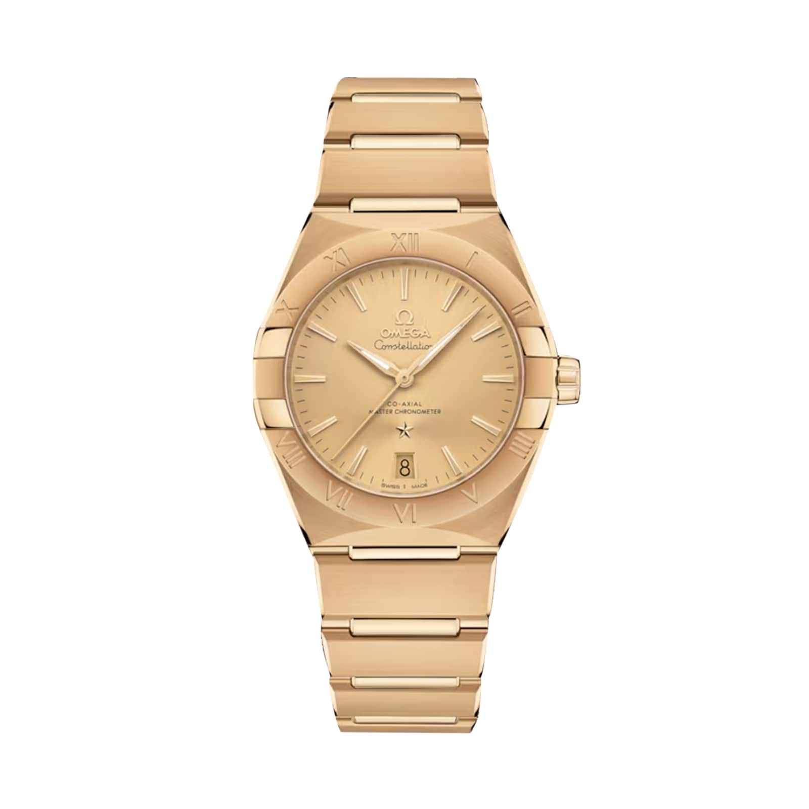 The OMEGA Constellation is an 18K yellow gold wristwatch featuring a metal band, round face, date window at 6 o’clock, Roman numeral bezel, and Co-Axial Master Chronometer precision.