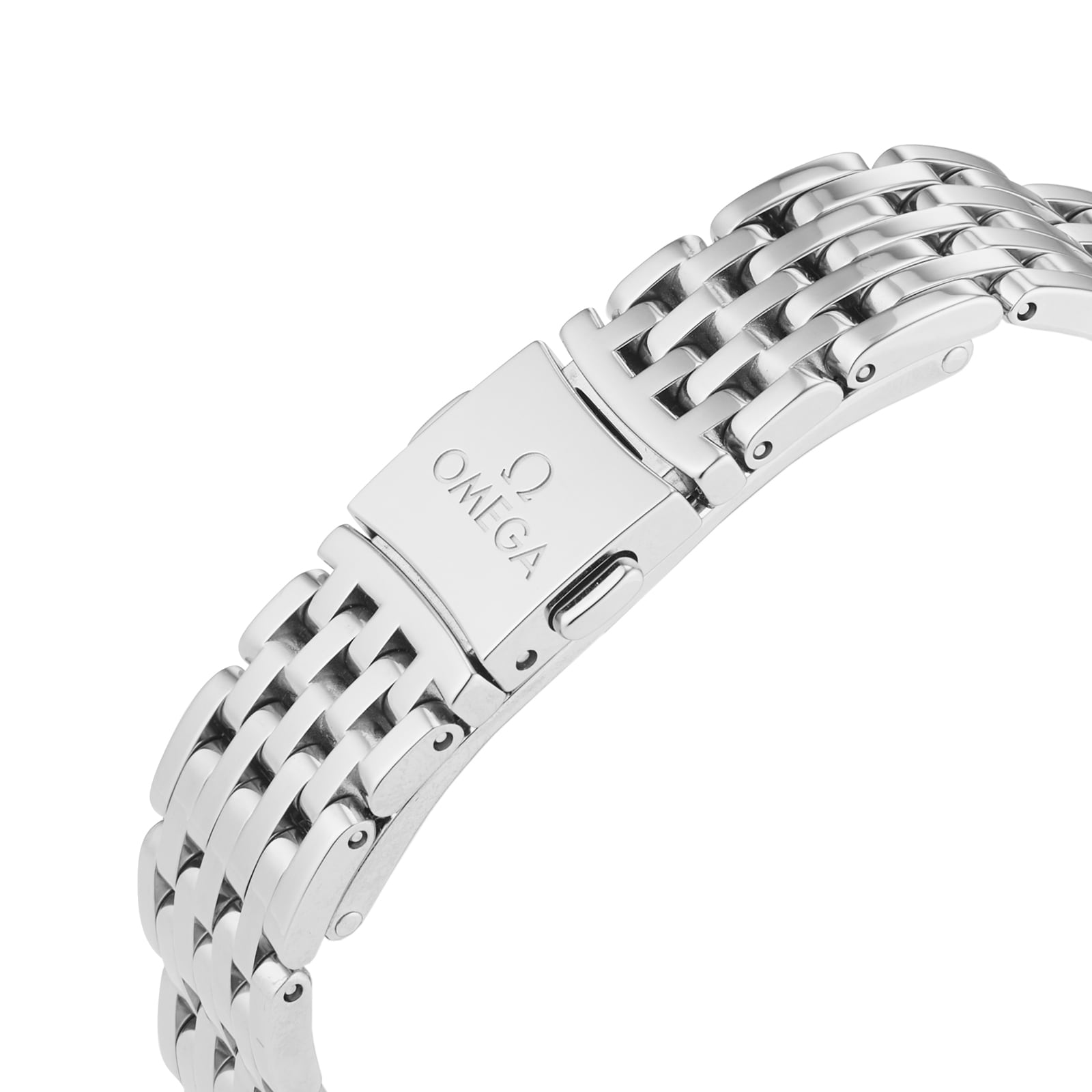 Close-up of a silver OMEGA De Ville Prestige watch bracelet with clasp, featuring the engraved OMEGA logo and branding that highlight the refined elegance and classic design of this collection.