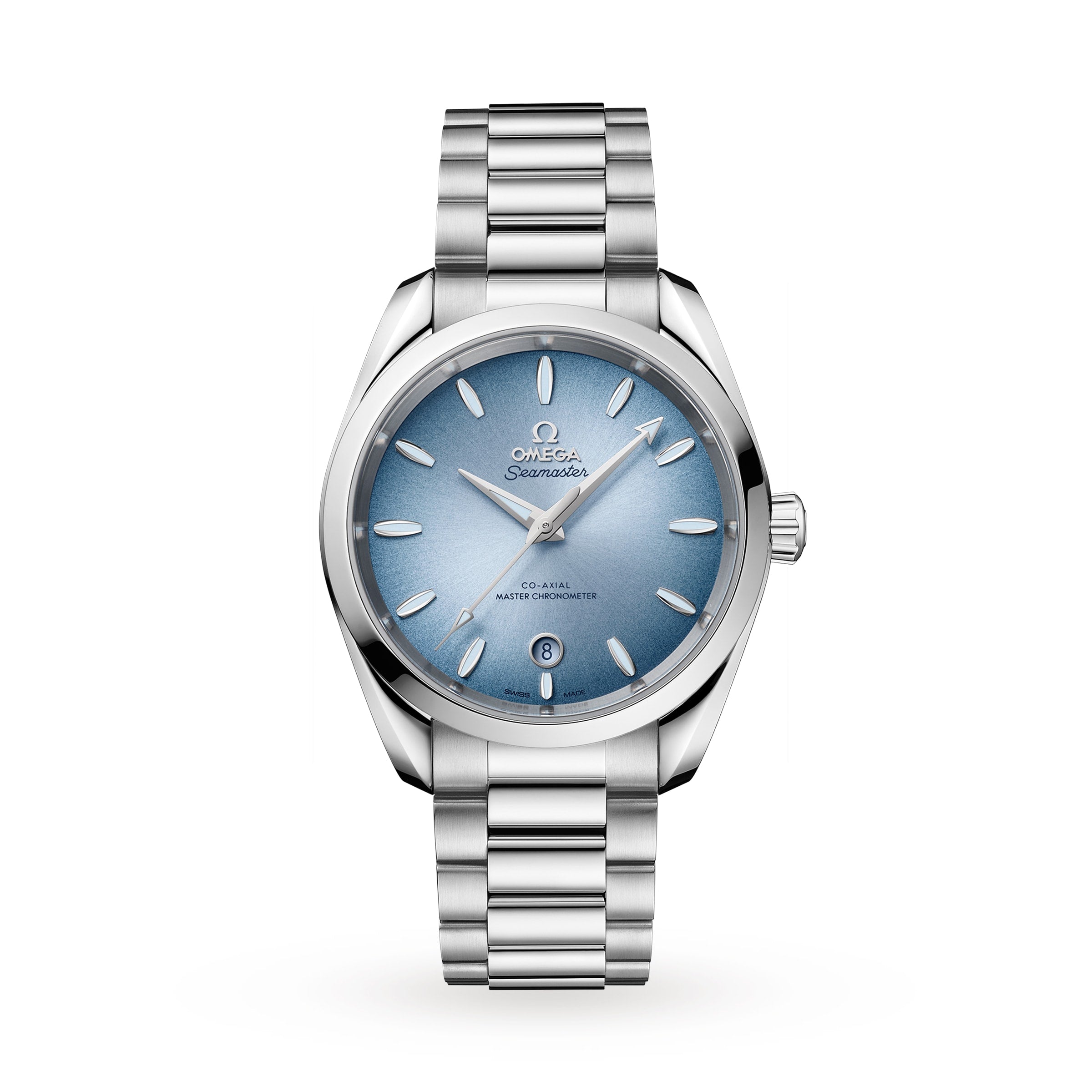 An OMEGA Seamaster Aqua Terra 150M wristwatch with a light blue dial, silver hour markers, date display at 6 o’clock, and a stainless steel bracelet—a refined tribute to OMEGA’s maritime legacy.