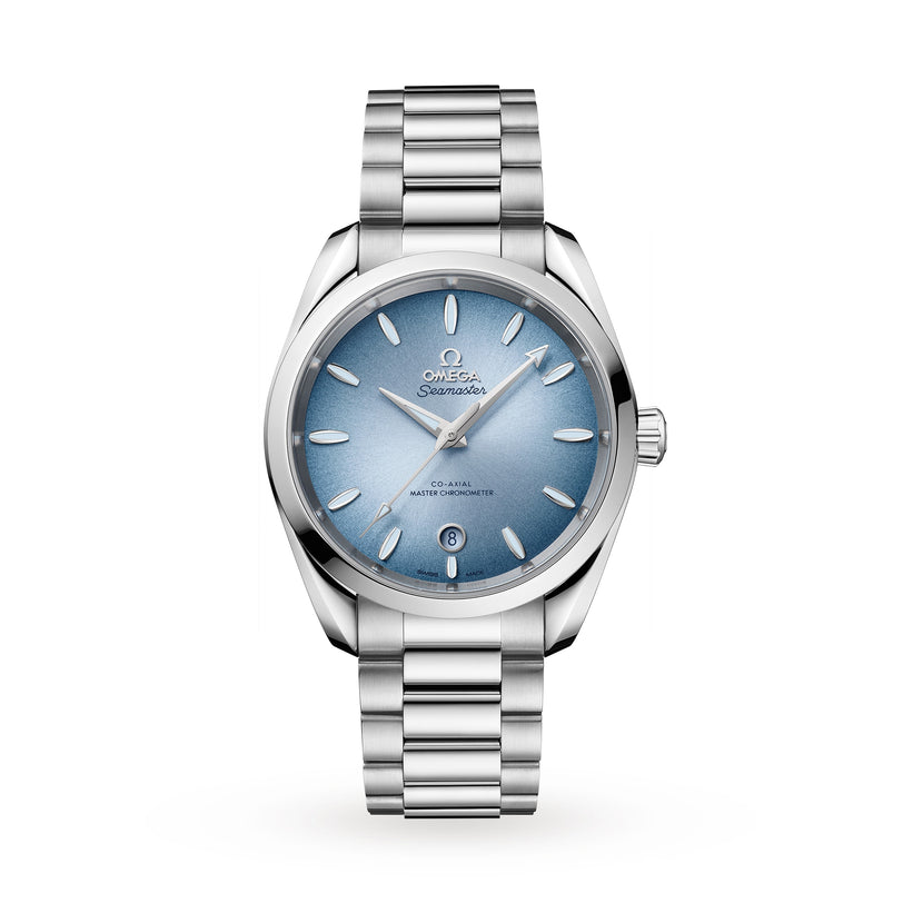 An OMEGA Seamaster Aqua Terra 150M wristwatch with a light blue dial, silver hour markers, date display at 6 o’clock, and a stainless steel bracelet—a refined tribute to OMEGA’s maritime legacy.