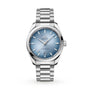 An OMEGA Seamaster Aqua Terra 150M wristwatch with a light blue dial, silver hour markers, date display at 6 o’clock, and a stainless steel bracelet—a refined tribute to OMEGA’s maritime legacy.