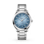 The OMEGA Seamaster Aqua Terra 150M, featuring a stainless steel case, light blue textured dial with silver markers, date at 6 o’clock, and metal bracelet, is showcased on a white background.
