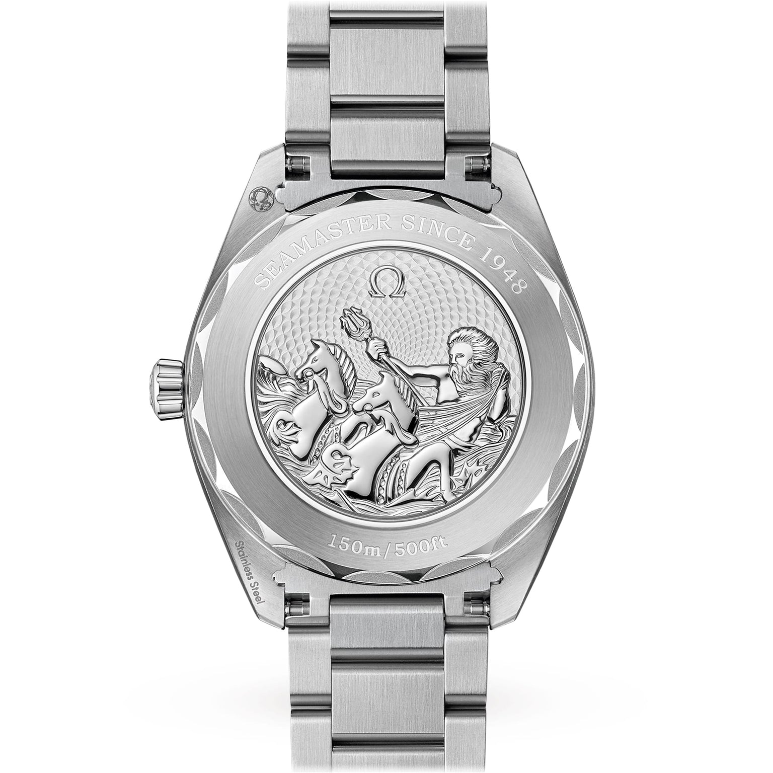 The back of the OMEGA Seamaster Aqua Terra 150M, engraved with a man on a seahorse, honors its maritime legacy with SEAMASTER SINCE 1948 and 150m/500ft.