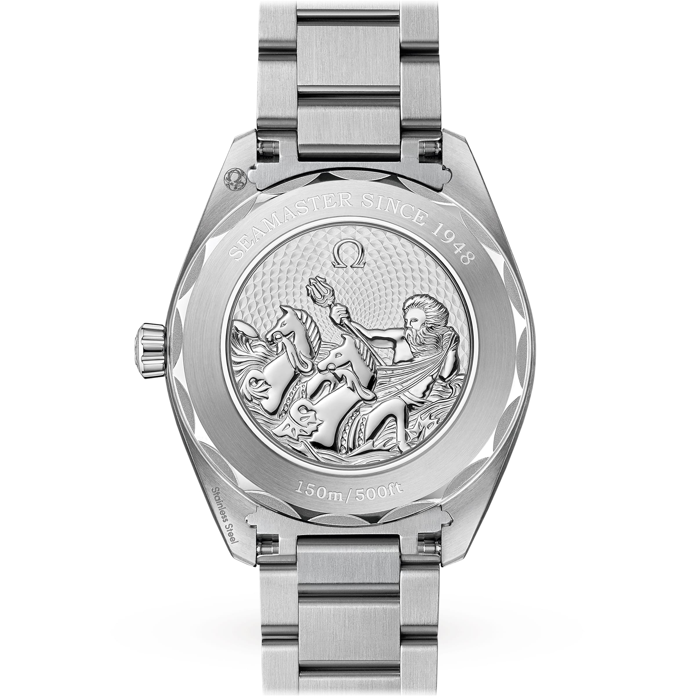 The back of the OMEGA Seamaster Aqua Terra 150M, engraved with a man on a seahorse, honors its maritime legacy with SEAMASTER SINCE 1948 and 150m/500ft.
