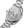 The image shows the back of the OMEGA Seamaster Aqua Terra 150M, featuring an engraved Poseidon, trident, seahorse, and the inscription SEAMASTER SINCE 1948, 150m/500ft—highlighting its maritime heritage.