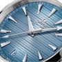 Close-up of the OMEGA Seamaster Aqua Terra 150Ms blue face, featuring silver hour markers, a date display at 6 o’clock, and Co-Axial Master Chronometer labeling—emphasizing its maritime heritage.