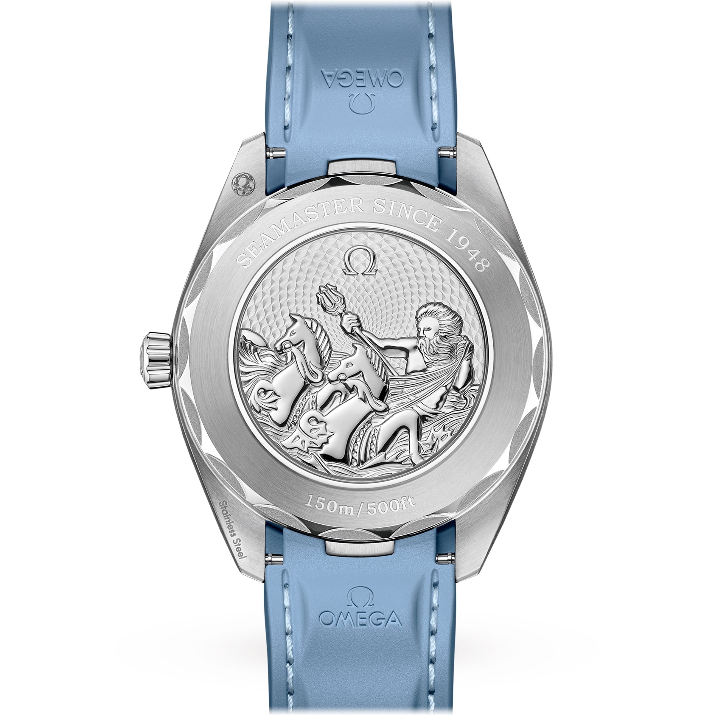 Back of an OMEGA Seamaster Aqua Terra 150M watch with blue strap, engraved with a seahorse, Poseidon holding a trident, “SEAMASTER SINCE 1948” and “150m/500ft.” Master Chronometer certified, inspired by luxury sailboats.