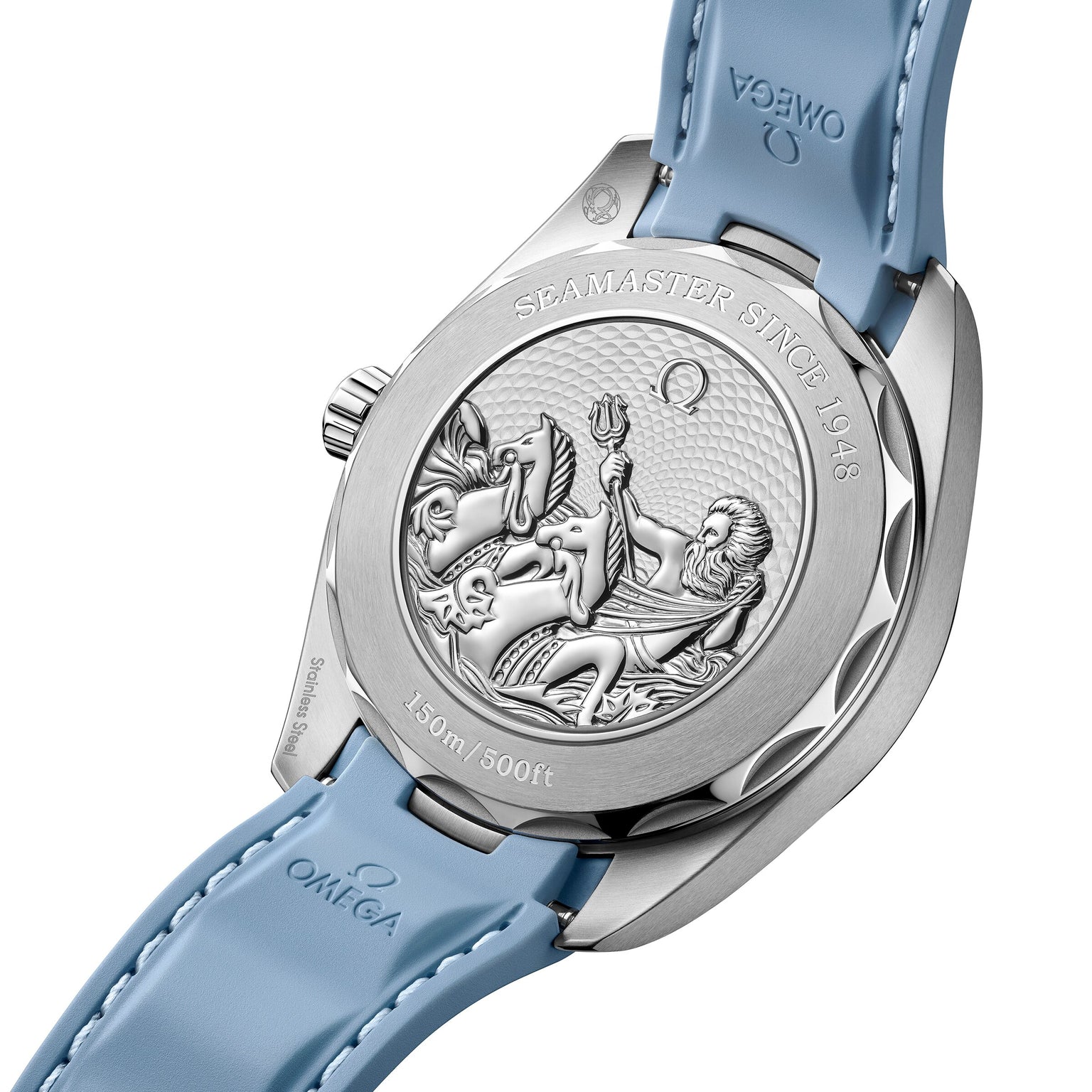 The back of the OMEGA Seamaster Aqua Terra 150M features an engraved Poseidon, “Seamaster Since 1948,” and “150m/500ft”—master chronometer certified and inspired by luxury sailboats, paired with a blue strap.