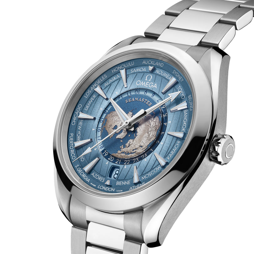 An OMEGA Seamaster Aqua Terra 150M stainless steel watch with a blue world map dial, city names on the bezel, and a polished metal bracelet.