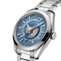 An OMEGA Seamaster Aqua Terra 150M stainless steel watch with a blue world map dial, city names on the bezel, and a polished metal bracelet.