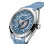A close-up of an OMEGA Seamaster Aqua Terra 150M wristwatch featuring a stainless steel case, blue strap, world city names, textured blue dial, and central map design.