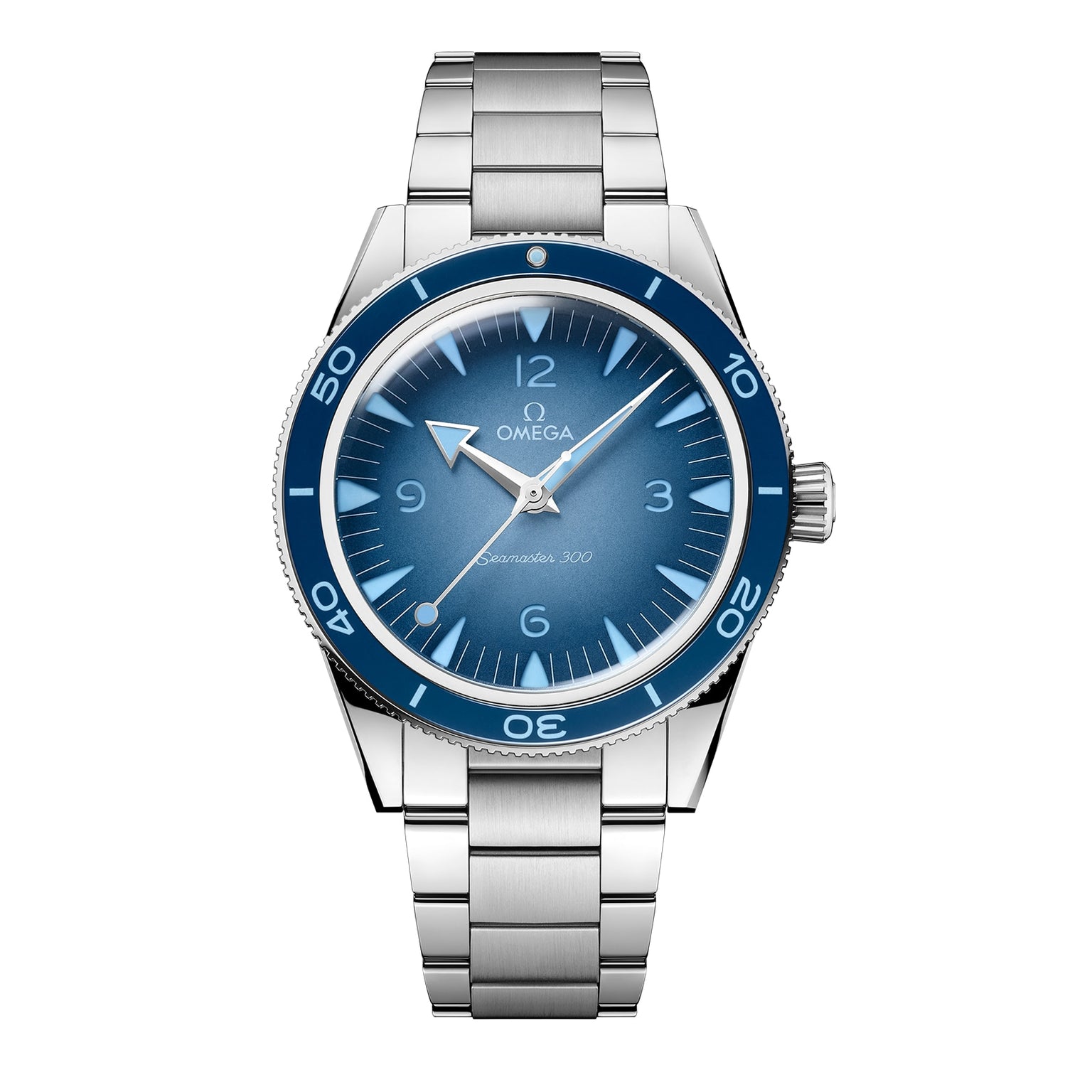 The OMEGA Seamaster 300 Summer Blue features a stainless steel case, Summer Blue bezel and dial, silver hour markers, metal bracelet, shows 10:10, and is powered by the Co-Axial Master Chronometer calibre 8912.