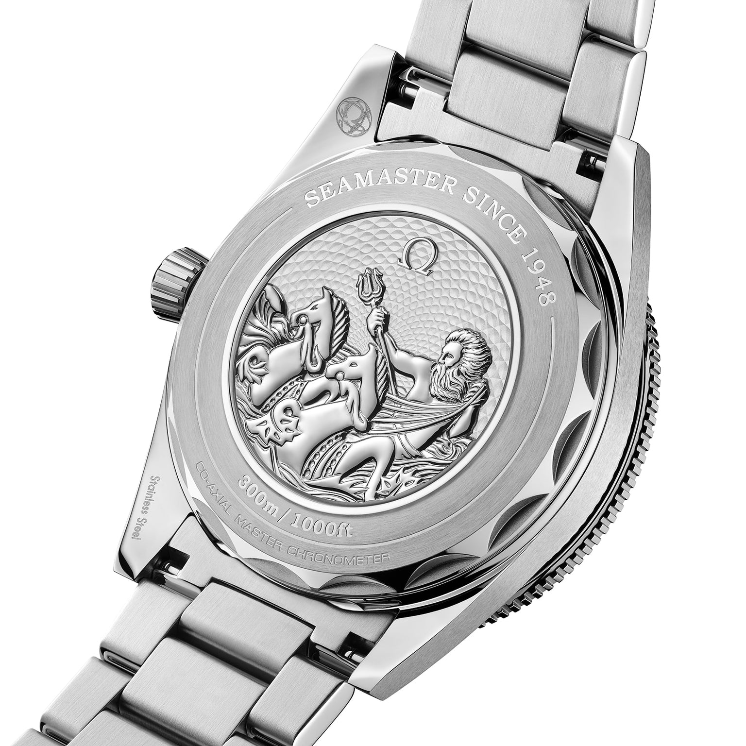 Close-up of the caseback of the OMEGA Seamaster 300 Summer Blue, crafted in stainless steel with an engraved image and Seamaster Since 1948 on the edge, spotlighting its Co-Axial Master Chronometer calibre 8912.