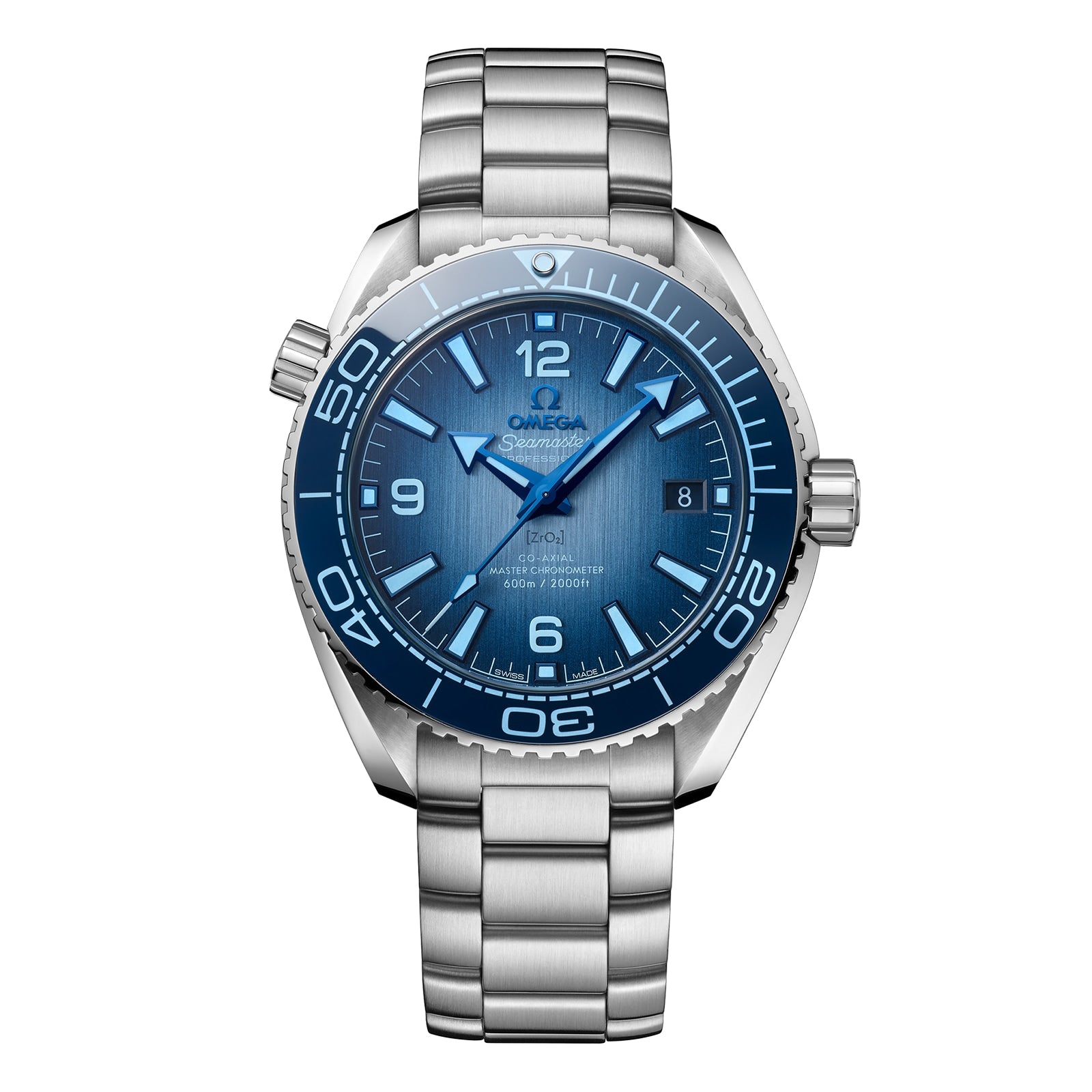 The OMEGA Seamaster Planet Ocean 600M Summer Blue dive watch features a blue dial, bold hour markers, rotating bezel, and metal bracelet, displayed against a white background.