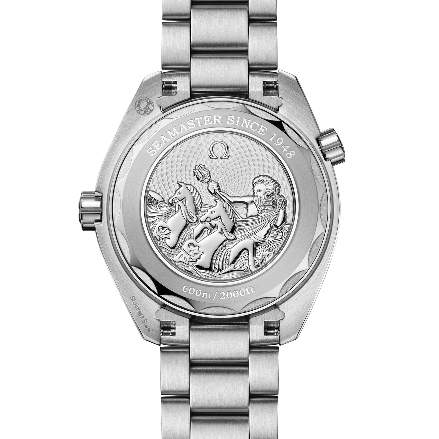 Back of the OMEGA Seamaster Planet Ocean 600M Summer Blue watch, featuring a stainless steel case engraved with a seahorse and the text “Seamaster Since 1948” and “600m / 2000ft.”.