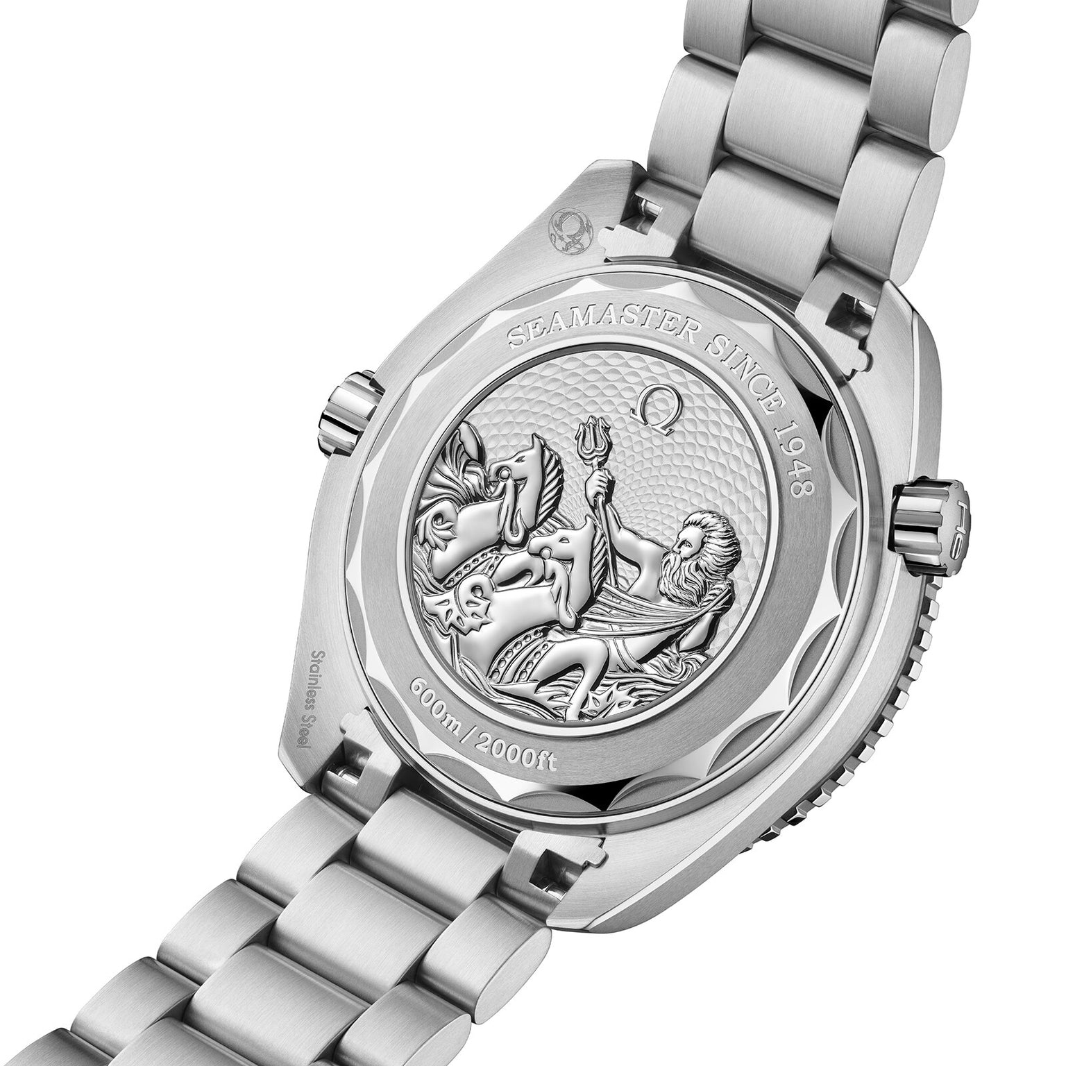 Close-up of the OMEGA Seamaster Planet Ocean 600M Summer Blue stainless steel case back, engraved with a Poseidon motif, SEAMASTER SINCE 1948, and water resistance details.