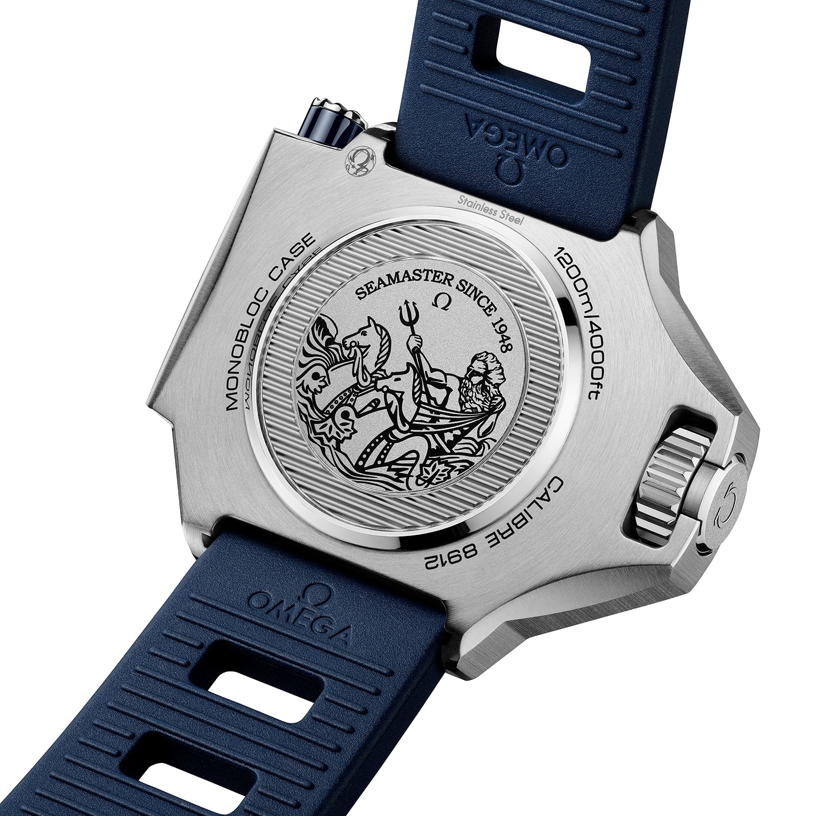 The OMEGA Seamaster Ploprof 1200M Summer Blue’s caseback displays an engraved Poseidon with seahorses, plus Co-Axial Master Chronometer and technical markings, paired with a blue strap.