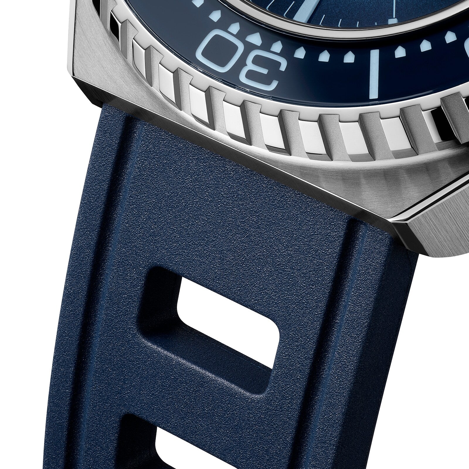 Close-up of the OMEGA Seamaster Ploprof 1200M Summer Blue, showcasing its blue bezel with minute markers and a blue rubber strap featuring rectangular cutouts.