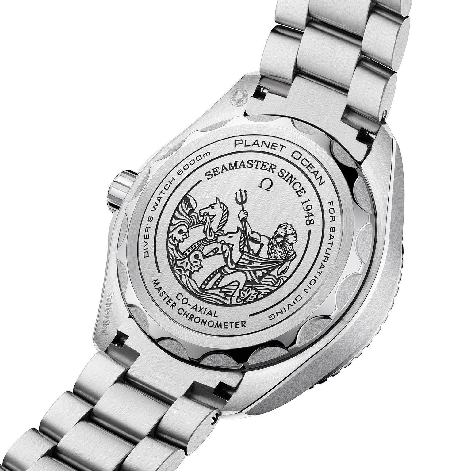 Close-up of the engraved case back of the OMEGA Seamaster Planet Ocean 6000M, featuring a seahorse, diver, and branding details on an O-MEGASTEEL bracelet—a tribute to OMEGA’s heritage in saturation divers watches.