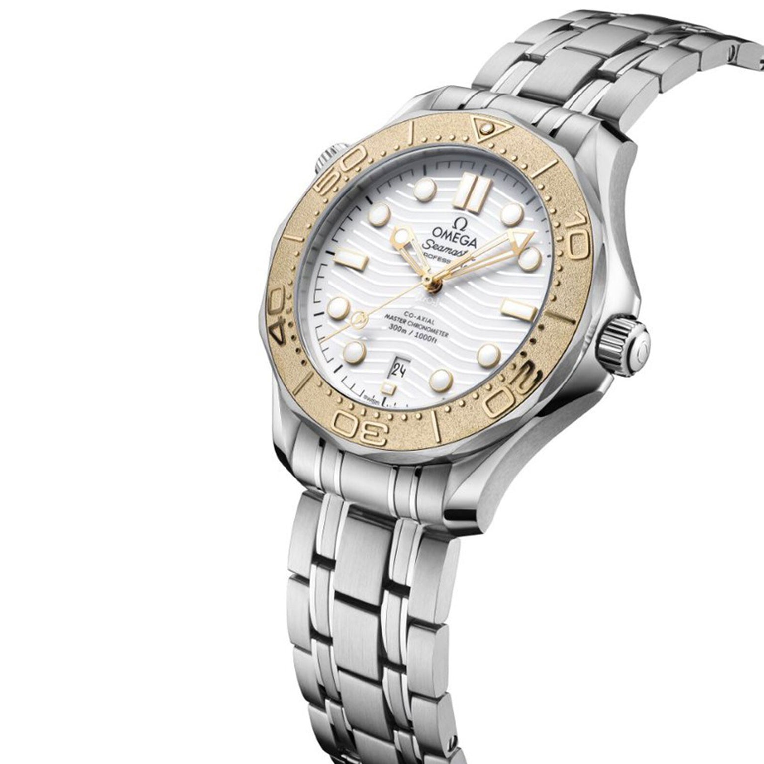 The OMEGA Seamaster Diver 300M Paris 2024 features a stainless steel band, white textured dial, gold bezel, and luminous markers—honoring OMEGAs role as Official Timekeeper of the Paris 2024 Olympic Games.