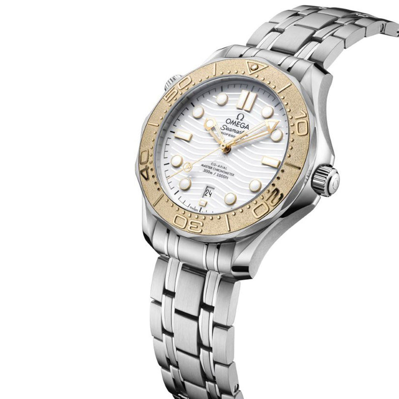 The OMEGA Seamaster Diver 300M Paris 2024 features a stainless steel band, white textured dial, gold bezel, and luminous markers—honoring OMEGAs role as Official Timekeeper of the Paris 2024 Olympic Games.