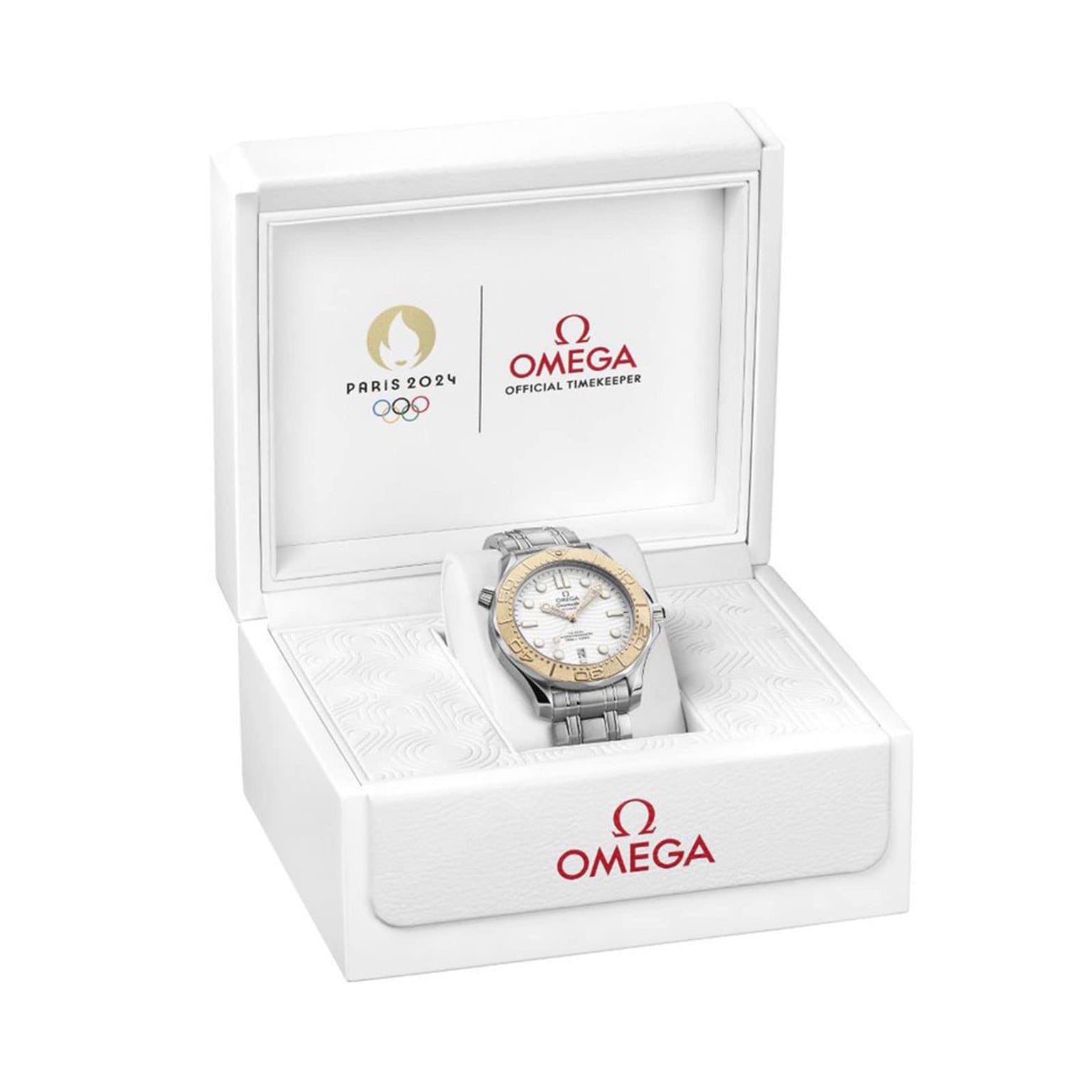 An OMEGA Seamaster Diver 300M Paris 2024 wristwatch is displayed in an open white box with the Paris 2024 Olympic Games logo and Official Timekeeper text.