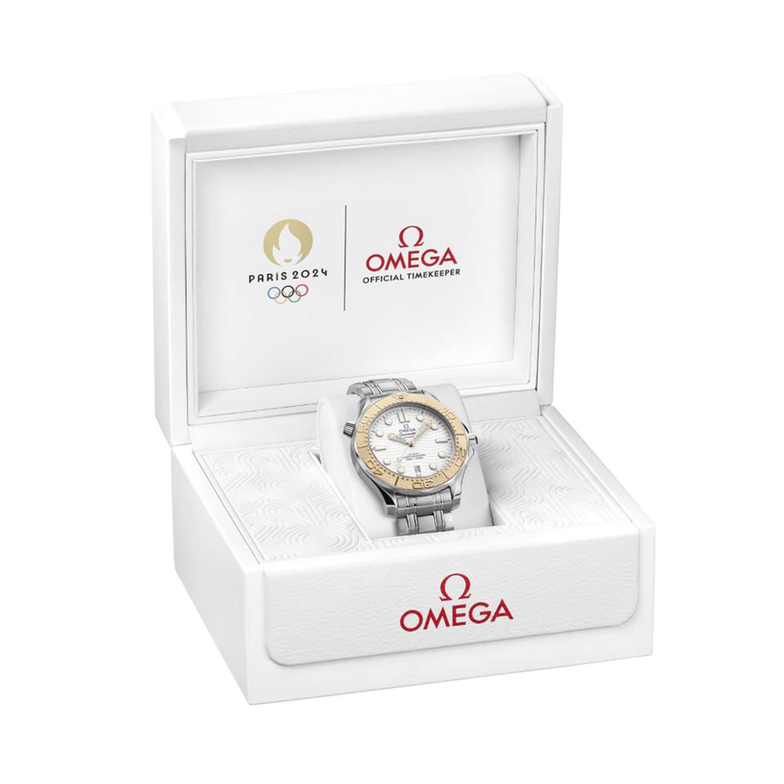 An OMEGA Seamaster Diver 300M Paris 2024 wristwatch is displayed in an open white box with the Paris 2024 Olympic Games logo and Official Timekeeper text.