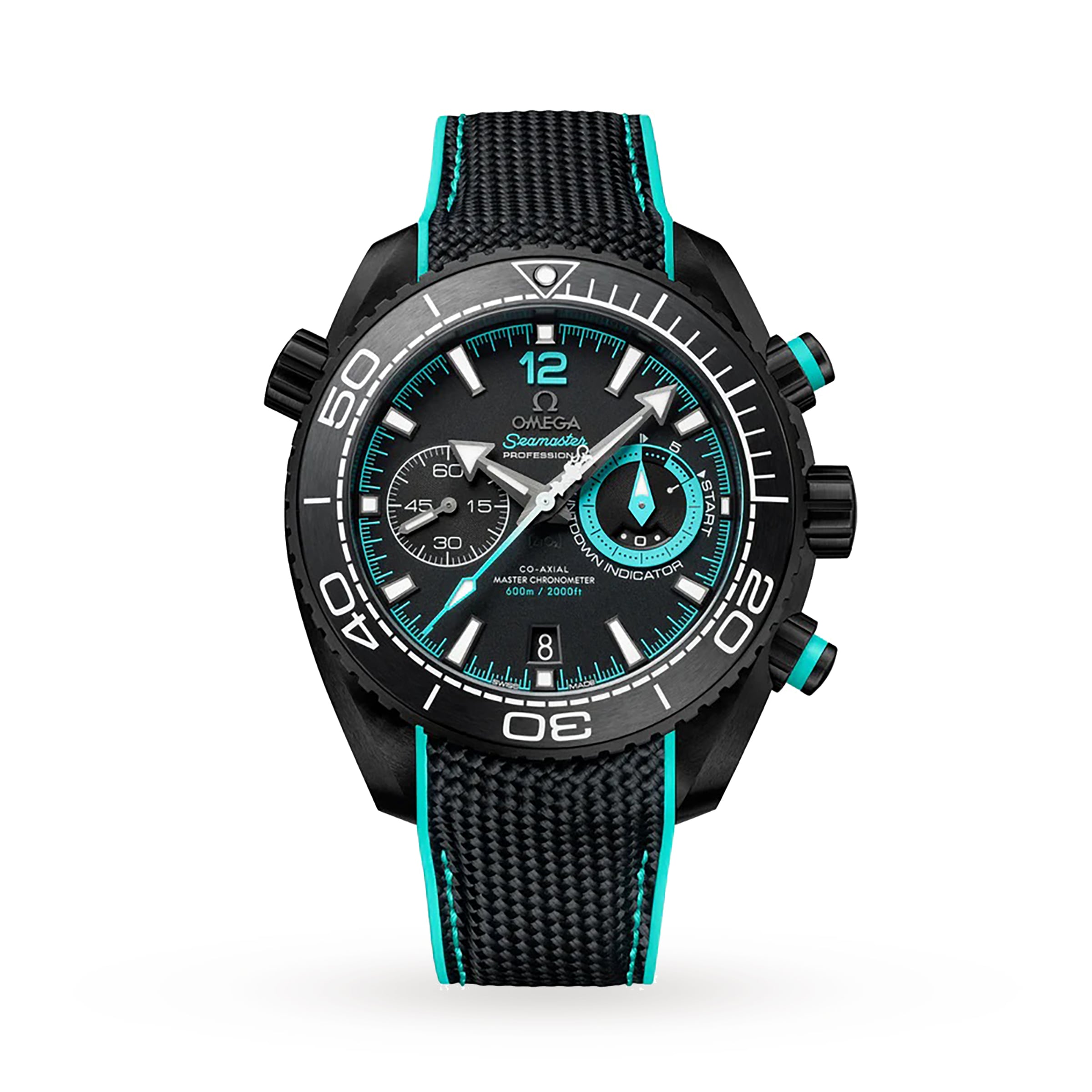 The OMEGA Seamaster Planet Ocean 600M, a black wristwatch with turquoise accents, a ceramic case, chronograph dials, and a fabric strap, is displayed on a white background.