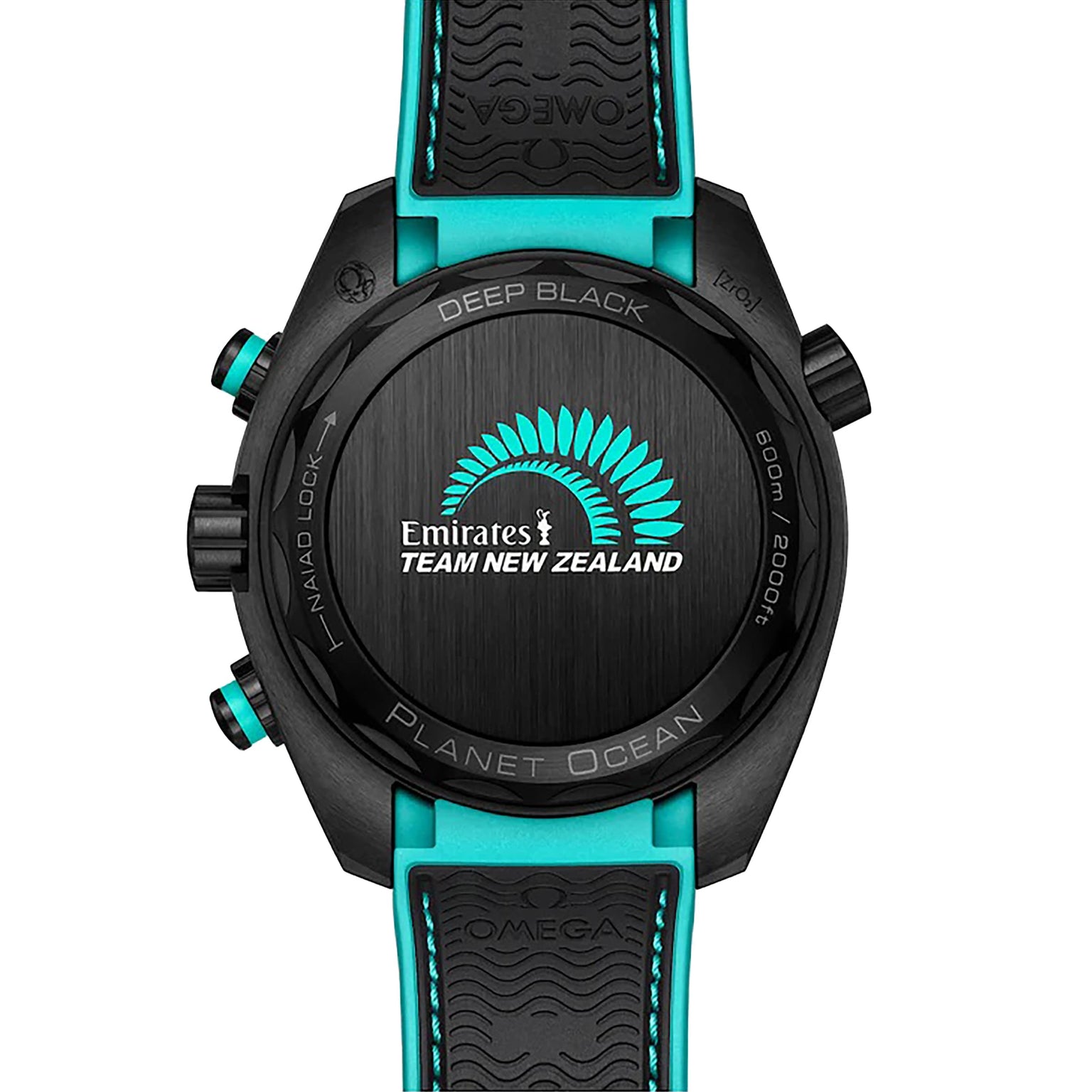 Back view of the OMEGA Seamaster Planet Ocean 600M, featuring Emirates Team New Zealand logo, black case with turquoise accents, engraved Planet Ocean and Deep Black, and Master Chronometer certified calibre 9900 movement.