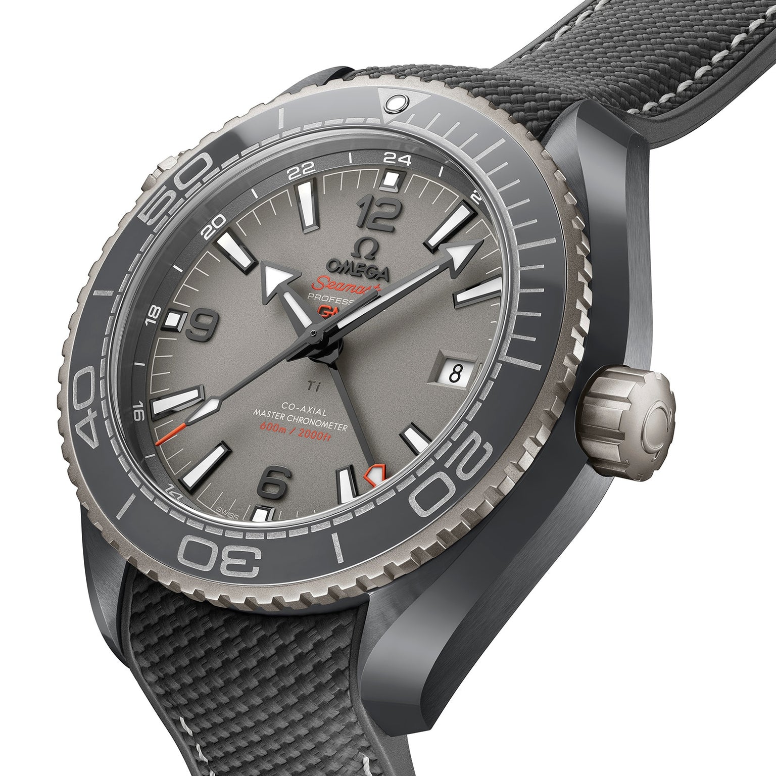 Close-up of an OMEGA Seamaster Planet Ocean 600M watch featuring a grey dial, black bezel, date display, and textured grey strap. The face shows the OMEGA logo and specifications, emphasizing its water resistance.