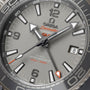 Close-up of an OMEGA Seamaster Planet Ocean 600M watch face at 10:08 with the date set to the 8th, displaying a gray dial, bold markers, orange accents, and certified Master Chronometer precision.