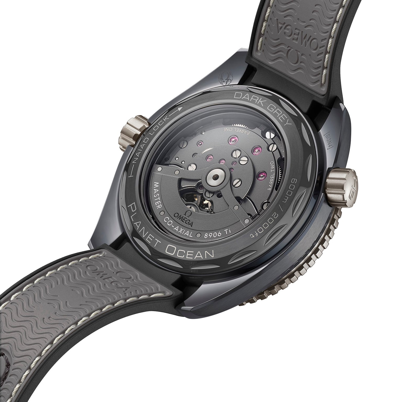 Back view of the OMEGA Seamaster Planet Ocean 600M, highlighting its Master Chronometer automatic movement through a transparent case back with visible branding and model details.