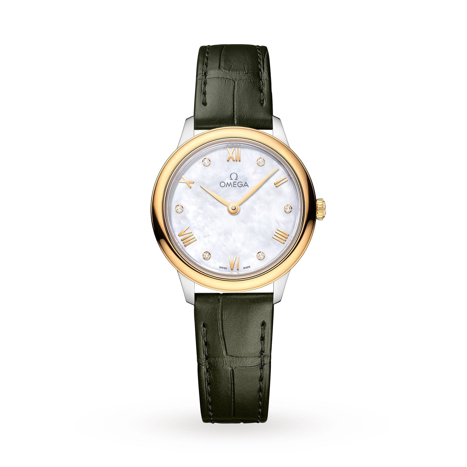 The OMEGA De Ville Prestige wristwatch features a white mother-of-pearl dial, stainless steel and 18K yellow gold bezel, Roman numeral and diamond hour markers, green leather strap, and Quartz Calibre 4061 on a white background.