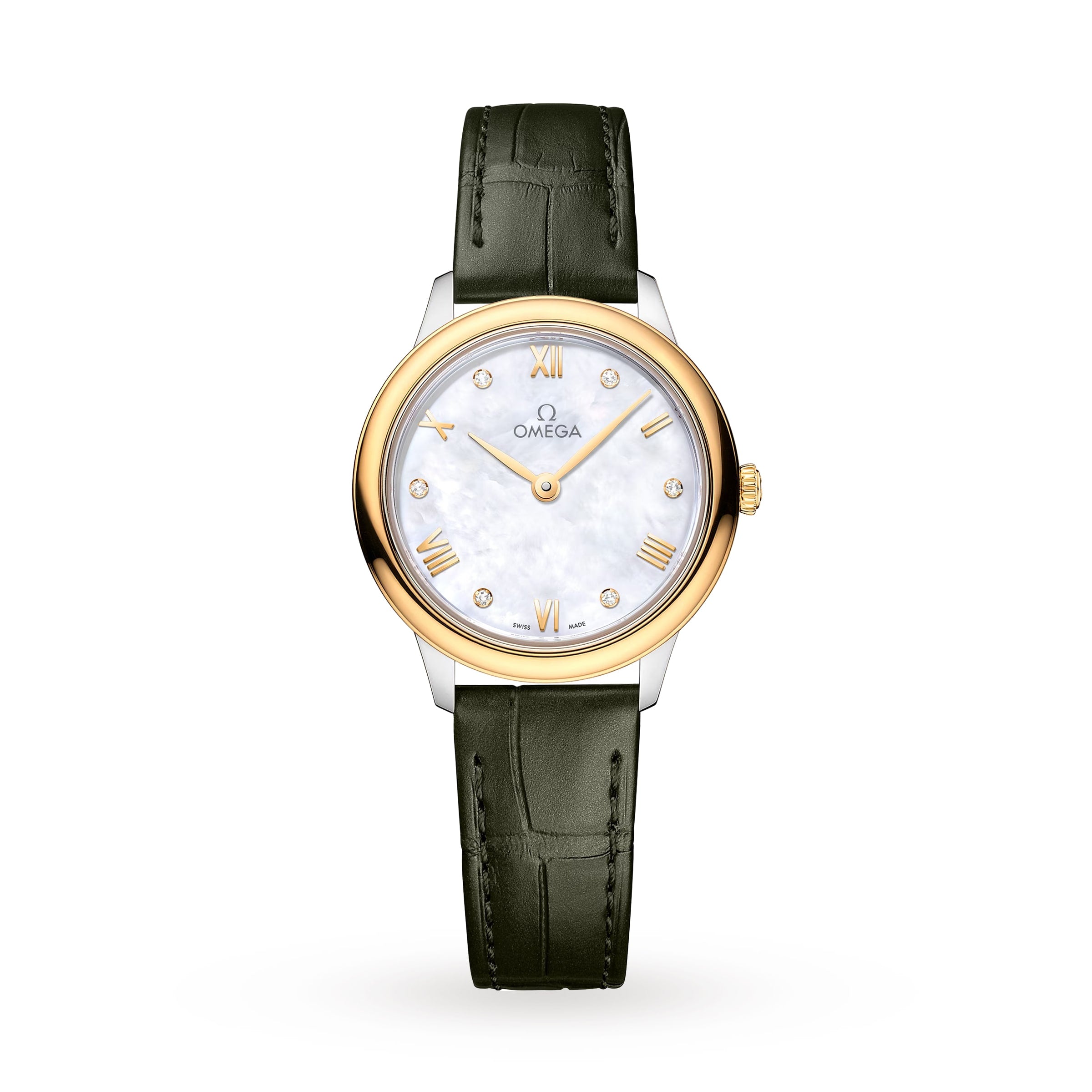 The OMEGA De Ville Prestige wristwatch features a white mother-of-pearl dial, stainless steel and 18K yellow gold bezel, Roman numeral and diamond hour markers, green leather strap, and Quartz Calibre 4061 on a white background.