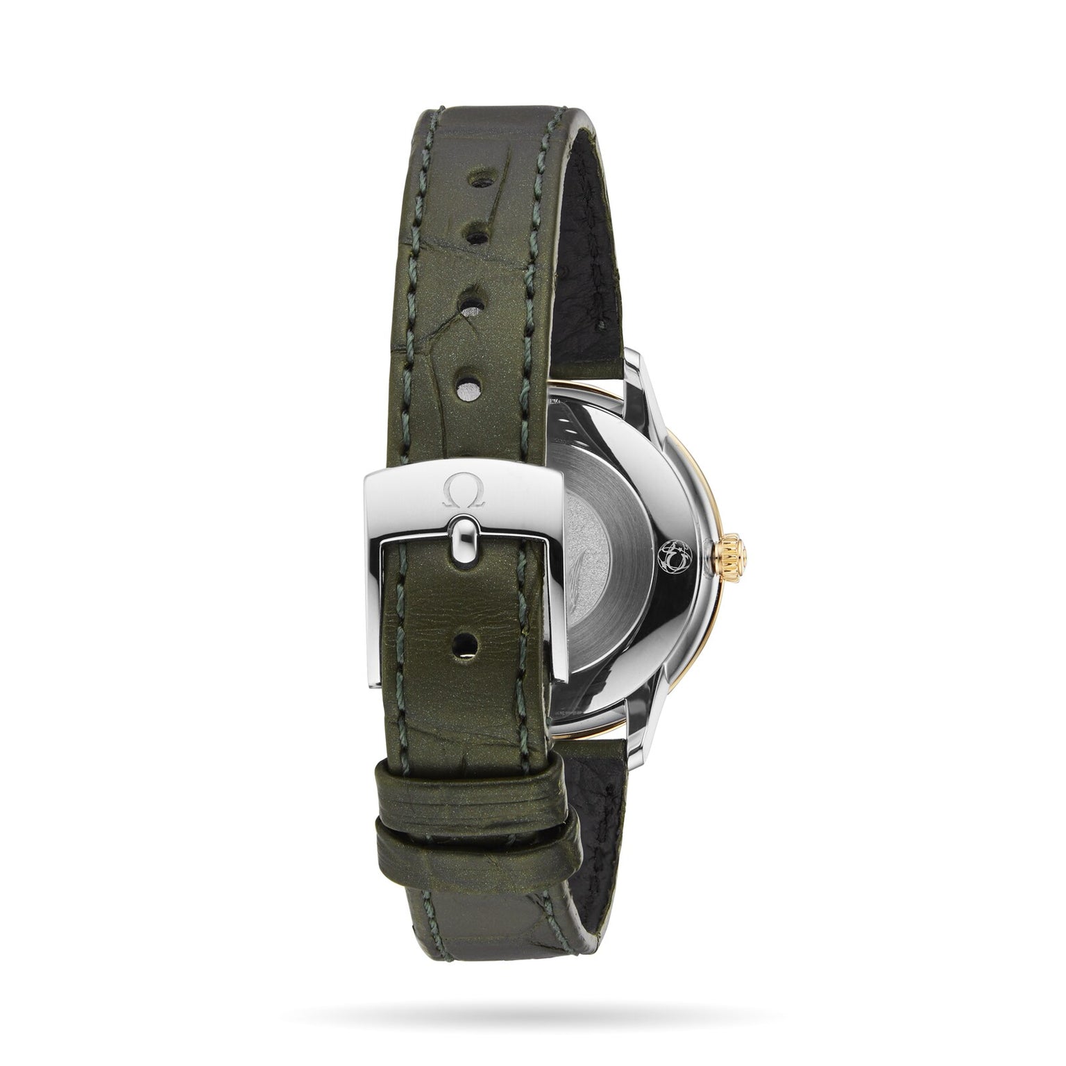 A close-up of the OMEGA De Ville Prestige wristwatch showcases its green leather strap, silver buckle, and partially visible stainless steel and 18K yellow gold case.